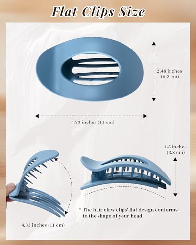 Mesovor 6 Pack Flat Hair Claw Clips, 4.33" Nonslip Round Lay Hair Clips | Strong Hold French Large Flat Hairclips for Lying Down, Yoga, Driving (Blue Matte) - color: Blue Matte