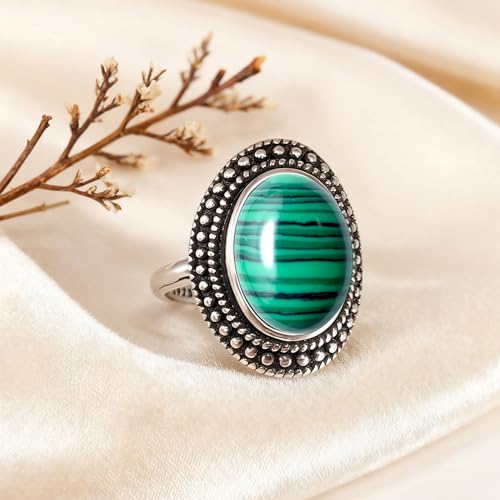 Retro Sterling Silver Stone Ring,Antique Natural Real Oval Crystal Quartz Gemstone Boho Bohemian Ring Jewelry for Women - color: A20_Malachite