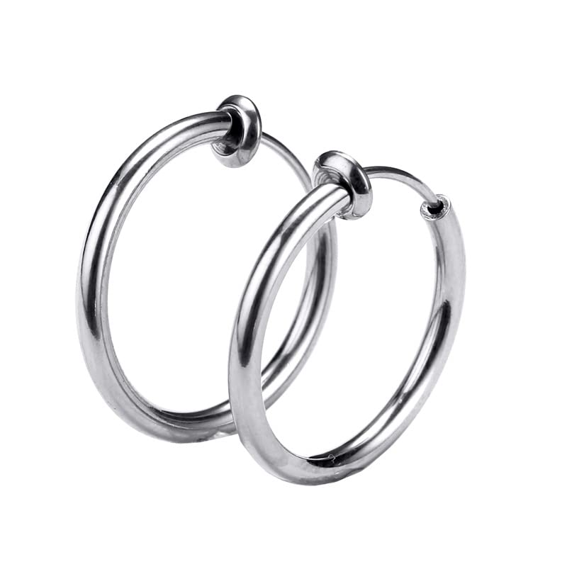 Gold Clip On Spring Hoop Earrings for Women - 14K Chunky Non Pierced Earring Plated Hoops Drop Dangle Earrings No Piercing Jewelry - color: Silver
