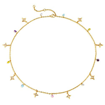 MTMY Beaded Necklaces for Women 14K Gold Plated Dainty Colorful Green/Rose Beaded Pearl Choker Necklace Delicate Boho Choker Necklace Jewelry Gift - style: CZ star tassel