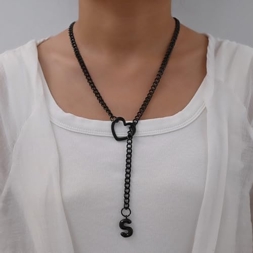 sroyte Black Heart Slip Chain Initial Necklaces for Women,Stainless Steel O-Ring Adjustable Lariat Heart Y-Necklace,Punk Gothic Cuban Collar Choker Necklace for women - color: Black S