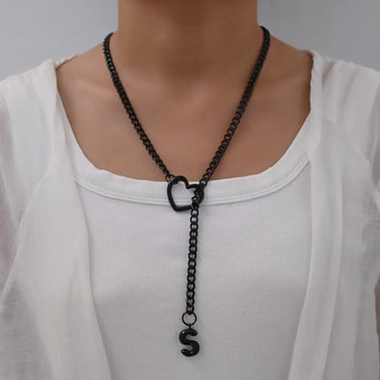 sroyte Black Heart Slip Chain Initial Necklaces for Women,Stainless Steel O-Ring Adjustable Lariat Heart Y-Necklace,Punk Gothic Cuban Collar Choker Necklace for women - color: Black S