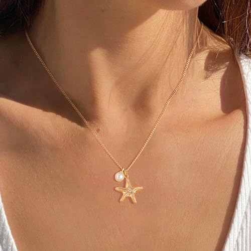 MTMY Gold Starfish Necklace 14K Gold Plated Shell Conch Ocean Pendant Necklace for Women Beach Summer Jewelry - style: starfish pearl