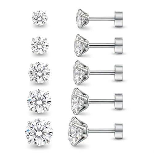 5 Pairs Silver CZ Flat Back Stud Earrings, 316L Surgical Steel | 3/4/5/6/8mm CZ flat back studs in polished 316L surgical steel for lobe, helix and cartilage. - style: 5Pairs,Silver,Flat Back