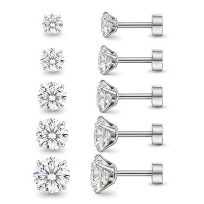 Stainless Steel Stud and Hoop Earrings Sets for Ear Stacks | Choose gold or silver pearl studs, CZ studs, flat backs, butterfly backs, hoops and multi-pair ear stack sets. - color: 5 Pairs Silver-Flat Back