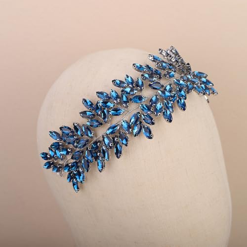 Missgrace Women Silver Green Black Red Blue Handmade Full Crystal Rhinestone Large Headband Hair Vine Shinny Headpiece Bridal Wedding Hair Accessories for Women (Lake blue) - color: Lake blue