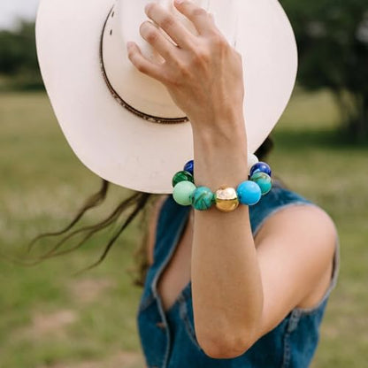 Multicolor Chunky Beaded Bracelet for Women Bold Acrylic Resin Stretch Bracelet Summer Beach Statement Bracelets Trendy Elastic Bangle Jewelry - color: Large bead bracelet-multi blue