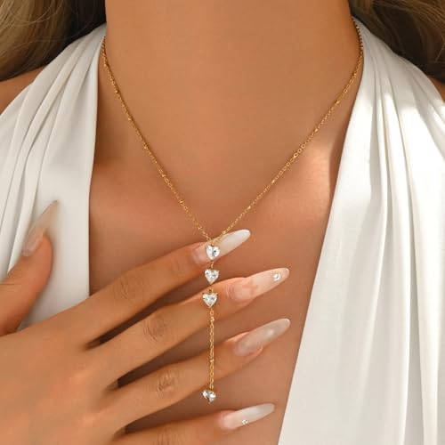Lariat Necklaces for Women 18K Gold Plated Cubic Zirconia Heart Necklaces Dainty Star Lightning Sun and Moon Necklace Trendy Y Shaped Drop Diamond Necklace - color: 4 Heart CZ Y Necklace-Gold