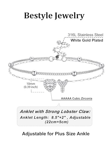 Bestyle Initial Anklet Bracelets for Women Waterproof Non Tarnish 14K Gold/White Gold Plated CZ Anklets for Women Dainty Layered Letter Heart Ankle Bracelets Adjustable Foot Chain Anklet - color: Y