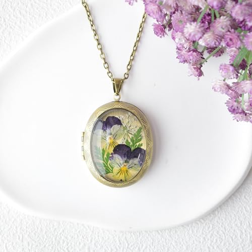 Vintage Photo Locket Necklace Handmade Pressed Flower Locket Necklace for Women - style: Pansy Style2(1.53"x 1.85")