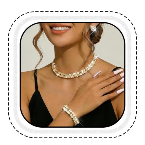 Silver Jewelry Set Rhinestone Necklace Earrings Bracelet Sets Wedding Prom Formal Jewelry for Women and Brides - color: Gold