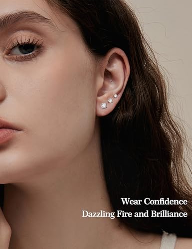 3 Pairs Moissanite Flatback Stud Earrings for Women, 925 Sterling Silver Hypoallergenic Flat Back Cartilage Earrings Set, 18K White Gold Plated - color: 18K White Gold, size: 3,4,5mm