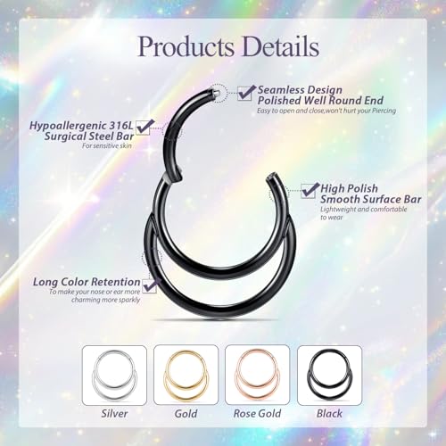 GAGABODY Septum Jewelry 16 Gauge Earrings Double Hoop Daith Earring Surgical Steel Hinged Nose Rings Nose Hoop Helix Tragus Rook Piercing - color: Style5:1pc Black+Smooth Surface