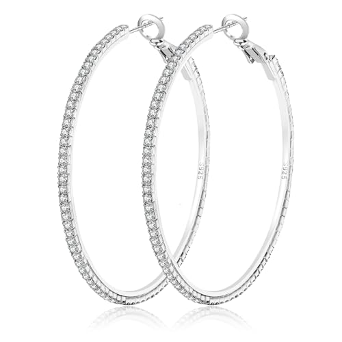 925 Sterling Silver Earrings Large Rhinestone Hoop Earrings Big Cubic Zirconia Hoop Earrings Thin Rhinestones Round Hoop Earrings for Women 20/30/40/50/60/70mm Sparkly Hoops With Crystals for Womens - color: Silver,50mm