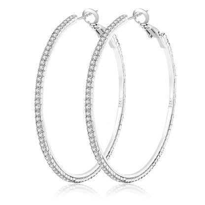 925 Sterling Silver Earrings Large Rhinestone Hoop Earrings Big Cubic Zirconia Hoop Earrings Thin Rhinestones Round Hoop Earrings for Women 20/30/40/50/60/70mm Sparkly Hoops With Crystals for Womens - color: Silver,50mm
