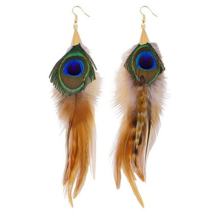 Long Peacock Feather Earrings for Women Boho Dangle | Lightweight vintage statement jewelry ensuring comfortable daily wear.