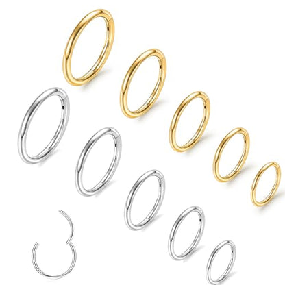10Pcs Gold Nose Ring Hoop 18G/20G Clicker Nose Hoops Hypoallergenic Stainless Steel Nose Piercings Jewelry Gold Nose Jewelry Septum Helix Cartilage Lip Body Piercings for Women Men 7mm 8mm 9mm 10mm 12mm - color: Gold and Silver-18G