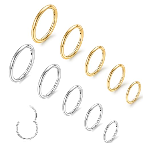 10Pcs Gold Nose Ring Hoop 18G/20G Clicker Nose Hoops Hypoallergenic Stainless Steel Nose Piercings Jewelry Gold Nose Jewelry Septum Helix Cartilage Lip Body Piercings for Women Men 7mm 8mm 9mm 10mm 12mm - color: Gold and Silver-20G