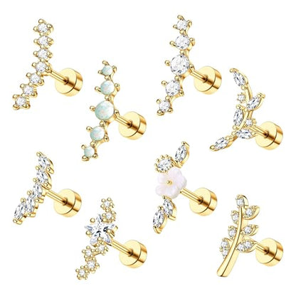 8Pcs Stainless Steel 16G Conch Piercing Jewelry Helix Cartilage Earrings | Flower Opal CZ Stud Earrings Set with Flat Back for Women, 18K Gold Plated, Silver, Rose Gold - color: Gold