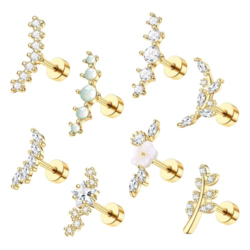 8Pcs Stainless Steel 16G Conch Piercing Jewelry Helix Cartilage Earrings | Flower Opal CZ Stud Earrings Set with Flat Back for Women, 18K Gold Plated, Silver, Rose Gold - color: Gold