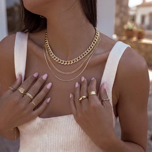 Tewiky Layered Necklaces for Women 14k Gold Plated Chain Necklace Set | Chunky Herringbone/Snake/Rope/Box/Cuban Link Chain for Women, Layering Stack Choker Necklace, Dainty Jewelry Set Non Tarnish - color: 3 Chunky Cuban Box Gold