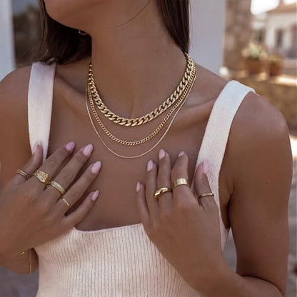 Tewiky Layered Necklaces for Women 14k Gold Plated Chain Necklace Set | Chunky Herringbone/Snake/Rope/Box/Cuban Link Chain for Women, Layering Stack Choker Necklace, Dainty Jewelry Set Non Tarnish - color: 3 Chunky Cuban Box Gold