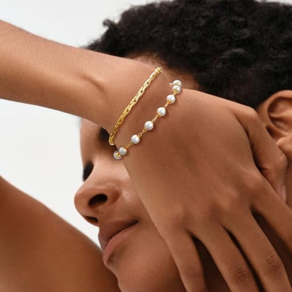 MEVECCO Dainty Chain Bracelets for Women, Layered and Charm Styles | 14K Gold Plated Brass, Select Cubic Zirconia Accents, Single and Multi-Row Structures for Refined Everyday Wristwear - style: Pearl Station
