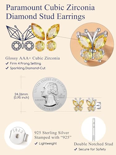 Suplight Butterfly Stud Earrings 925 Sterling Silver 14K Gold Brithstone Earrings for Women Brithstone Jewelry Gifts - color: 11.November ( Citrine), size: Silver