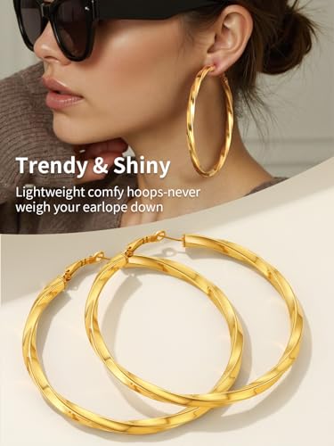 FindChic Twisted Hoop Earrings for Women, Silver/Black/14K Gold Plated Hypoallergenic Hollow Tube Rounded Loop Earrings, 30mm/40mm/60mm/80mm Hoops with Custom Name Options and Gift Box - color: c.Gold, size: 80MM