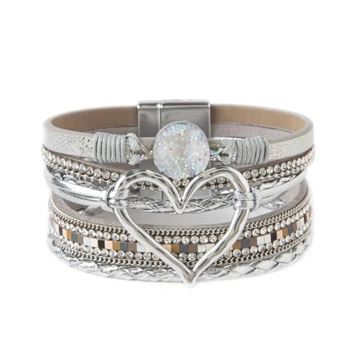 Rantanto Leather Wrap Bracelets For Women Gold Twist Lock Buckle Wrist Cuff | PU leather,Skin-friendly,Boho Stackable Wristband,Fashion Daily Jewelry,Trend Casual Party Bangle,Fit For Birthday, Holiday - color: Heart Silver