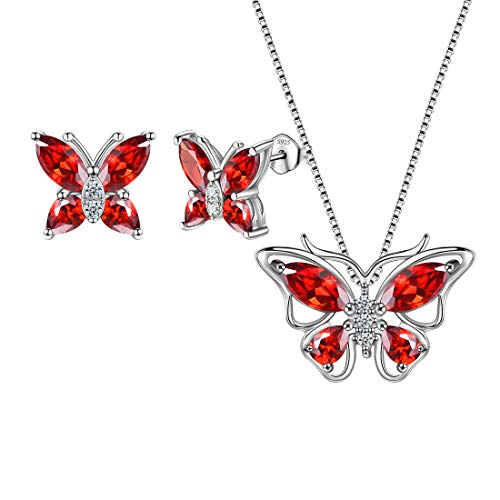 Aurora Tears Butterfly Jewelry,Women 925 Sterling Silver Butterflies Birthstone Pendant Necklace/Earrings/Rings Wedding Gift - color: A.January-set 1