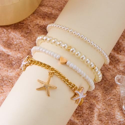 Beaded Starfish Mermaid Anklets Bracelet for Women Waterproof Starfish Shell Pearl Anklet Stackable Stretch Beaded Anklets Hawaiian Beach Jewelry Mermaid Costume Outfits Accessories - style: Pearl Starfish