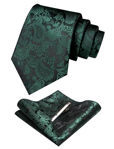 JEMYGINS Mens Solid Color Paisley Necktie and Pocket Square with Tie Clip Sets - color: Dark Green