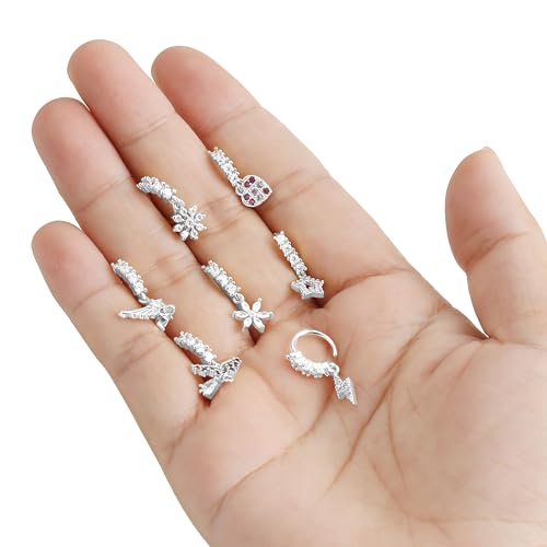 Akeoqi 12Pcs Nose Ring Hoop Cartilage Earring Cute Leaf Star CZ Butterfly Paved Nose Piercing Jewelry for Women men Silver Gold Plated 20G - color: F：New Silver Drop