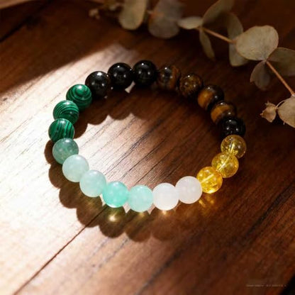 Natural Stone Beaded Bracelet for Men Women, Malachite Tiger Eye Obsidian Elastic Stretch Bracelet for Wealth & Energy - color: White-yellow