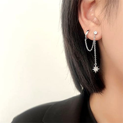 Star 925 Sterling Silver Double Piercing Earrings Huggie Cuff Chain for Women Teen Girls 2 Holes CZ Charm Dangle Drop Small Hoop Earrings Cartilage Climber Jewelry