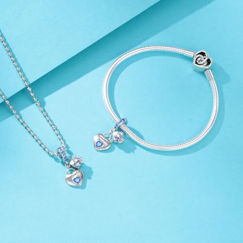 LNQOBU 925 Sterling Silve Heart-shaped Birthstone Charm for Bracelets, With 5A Cubic Zirconia Birthday Charms Dangle Pendant Bead for Pandora Bracelets - color: I-September