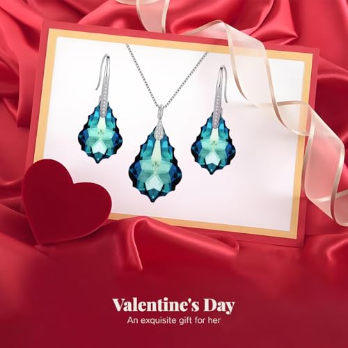 EleQueen 925 Sterling Silver CZ Baroque Drop Pendant Necklace Dangle Earrings Set Made with Austrian Crystal, Valentine's Day/Mother's Day/Christmas Jewelry Gift - color: Bermuda Blue
