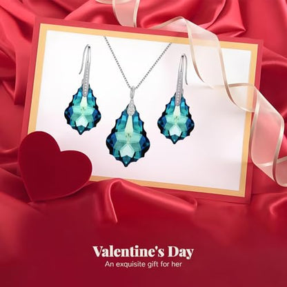 EleQueen 925 Sterling Silver CZ Baroque Drop Pendant Necklace Dangle Earrings Set Made with Austrian Crystal, Valentine's Day/Mother's Day/Christmas Jewelry Gift - color: Bermuda Blue