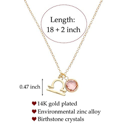 14k Gold Plated Zodiac Birthstone Crystal Pendant Necklace, Horoscope Sign Charm Necklace for Women Birthday Gift - color: Libra-Oct.