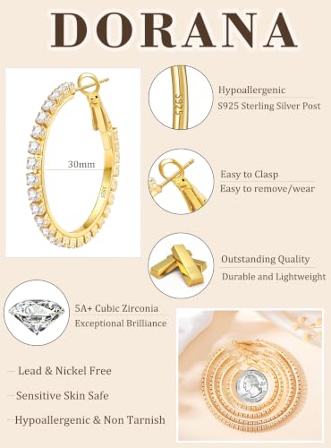 3mm 925 Sterling Silver Big Cubic Zirconia Hoop Earrings for Women Large Rhinestone Hoop Earrings 14K Gold Plated Hypoallergenic Lightweight 30mm/40mm/50mm/60mm - color: Gold-30mm