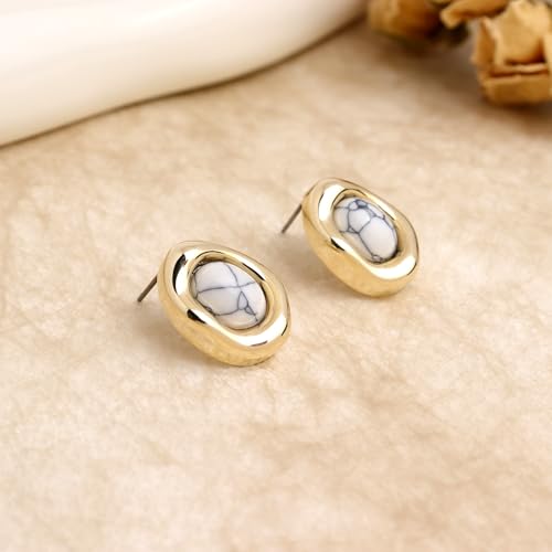 Jean Beau Chunky Gold Stone Stud Earrings for Women, Trendy Natural Gemstone Hypoallergenic Earing Valentine Jewelry Gift - color: White Turquoise