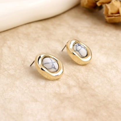 Jean Beau Chunky Gold Stone Stud Earrings for Women, Trendy Natural Gemstone Hypoallergenic Earing Valentine Jewelry Gift - color: White Turquoise