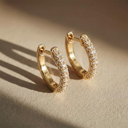 Dremmy Studios Dainty CZ Huggie Hoop Earrings 14K Gold Plated Chunky Simple Cute Thick Round Frill Bead Ball Starburst Cuff Earrings Cubic Zirconia Hoop Earrings Minimalist Personalized Gift for Her - color: CZ White
