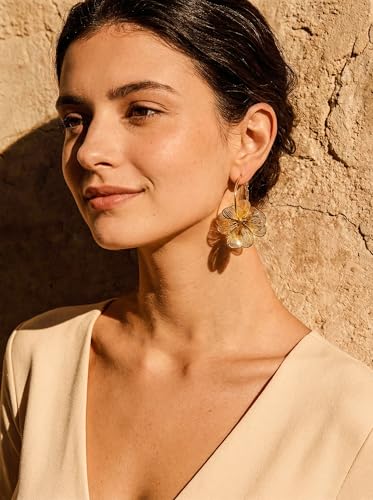 Boho Flower Earrings for Women - Gold/Silver Dangle Statement Earrings - Fun Floral Drop Jewelry with Backs for Droopy Ears - Trendy Gifts - color: Gold