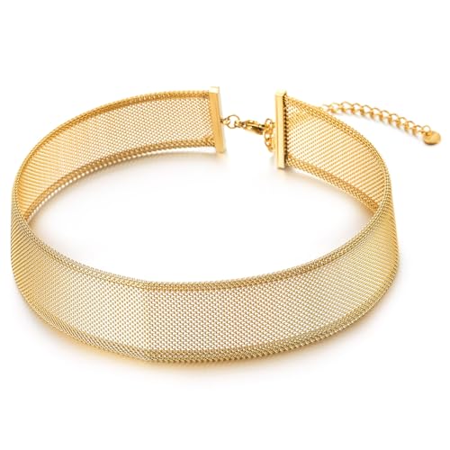 COOLSTEELANDBEYOND Mesh Choker Necklace for Women, Statement Jewelry, Fashionable Metal Collar for Parties - color: A-Color: Gold