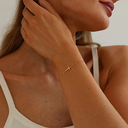 18K Gold Plated Pearl Beaded Cross Bracelets for Women Adjustable Stainless Steel Dainty Thin Gold Box Cuban Twisted Link Chain Bracelet Bridesmaid Jewelry Gifts - color: Tiny Cross-Gold