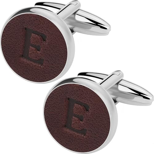 Silver Rose Gold Cuff Links Men, Leather Stainless Steel Cufflinks for Men Initial Letter Personalized Cuff Links with Gift Box for Groom Husband Father - style: Letter E