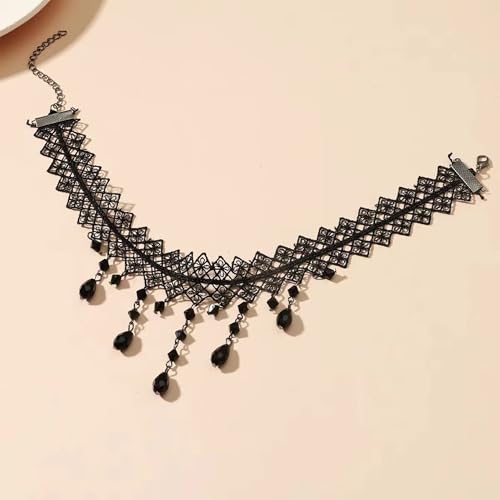 Black Gothic Vampire Necklace for Women Vintage Lace Rose Flower Witch Choker Collar Necklace Halloween Dark Bridal Cavewoman Costume Jewelry - style: black B