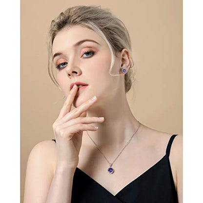 AMYJANE Halo Crystal Jewelry Set - Sterling Silver Round Cubic Zirconia Crystal Bridal Pendant Necklace Earrings Set for Wedding Bride Bridesmaids - color: Amethyst